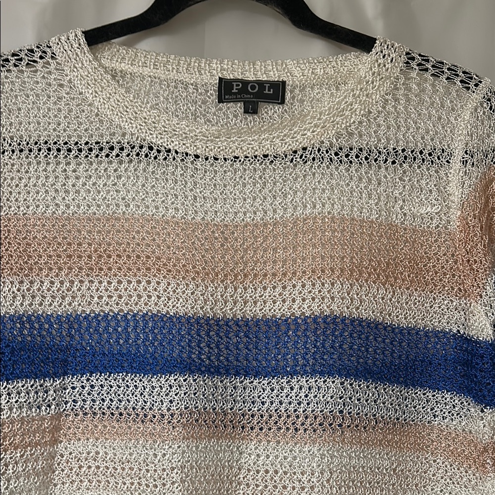 POL  new Women's Multicolor chocheted look‎ Striped light weight Sweater. Sz L - Picture 3 of 5